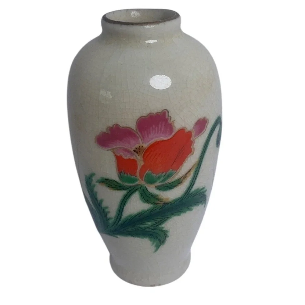 Vintage Homco Miniature Bud Vase Japan Crackle Glaze Floral Pink Orange Poppy 4